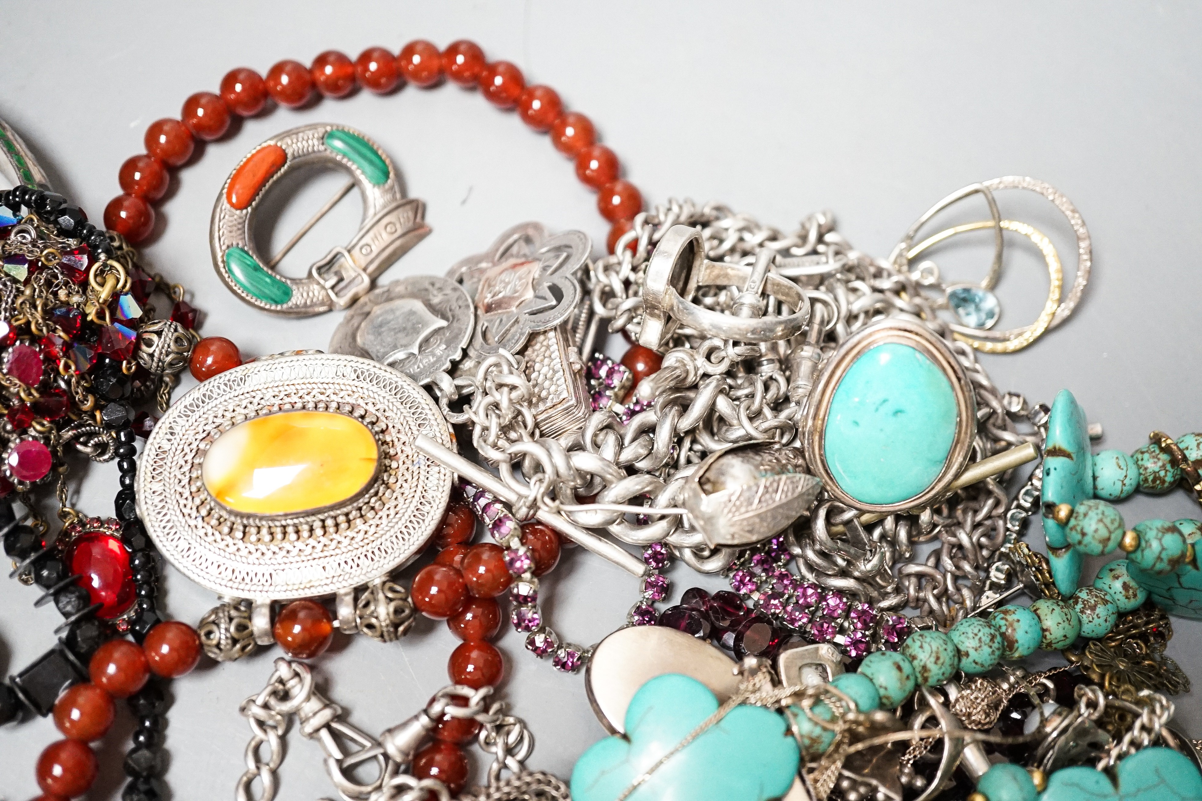 Mixed jewellery etc. including jet, silver and white metal and six amber set spoons.